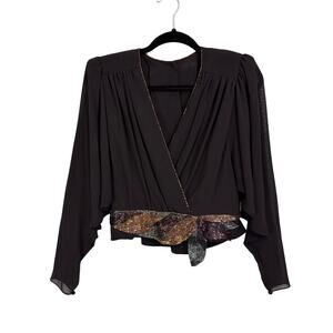 VTG Denise Fashions Blouse M Black Pleated Surplice Sheer Batwing Beaded Hem USA